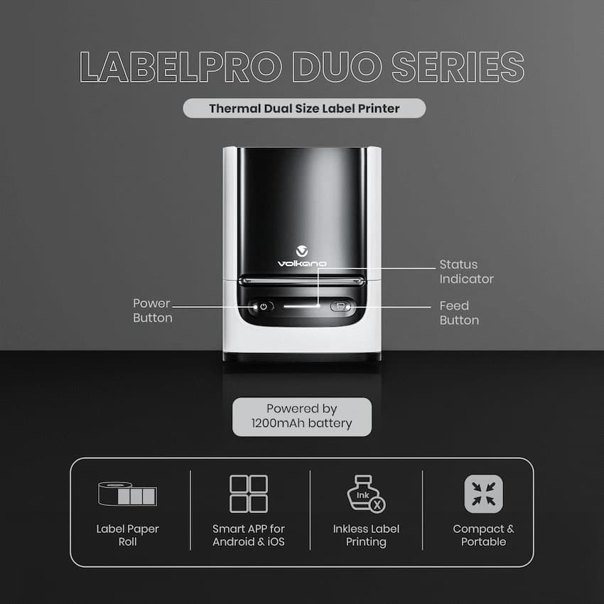 Volkano LabelPro Duo Series Thermal Dual Size Label Printer - Black and White