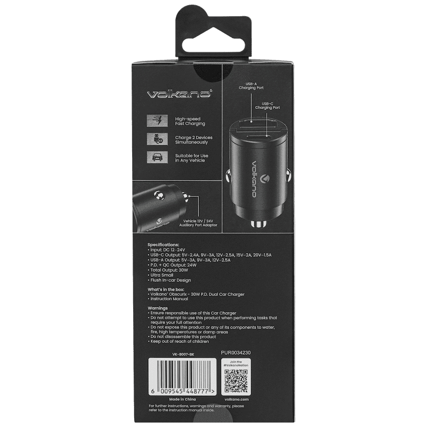 Volkano Obscurix Series 30w PD Dual USB-A and USB-C Ultra Small Car Charger