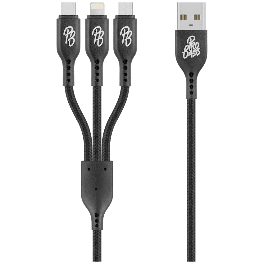 Pro Bass Braided 3-in-1 Charge Cable 1m – Black