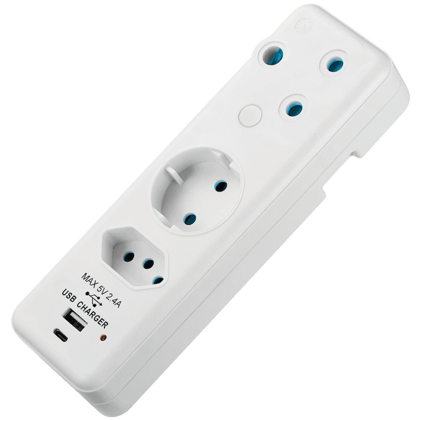 Switched 3-Way Schuko Adaptor with Type C + USB