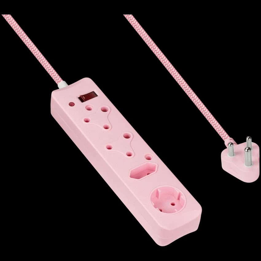 Switched 4-Way Surge-Protected Multiplug – 3m Braided Cord – Pink