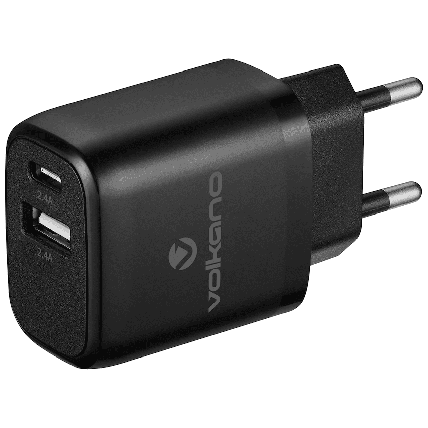 Volkano Cupla Series 5v/2.4a 12w Dual USB-A & USB-C Wall Charger – Black