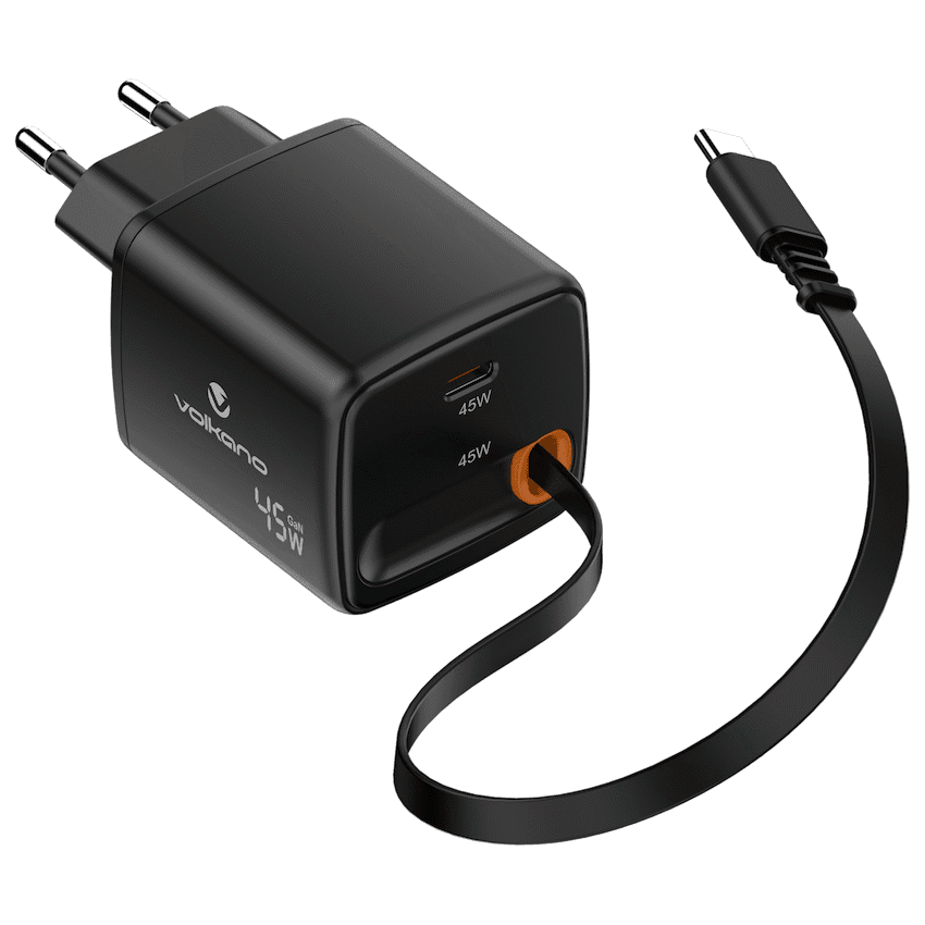 Volkano Sleek Series Fast Wall Charger 45W USB-C with Built-in Retractable 75cm Cable - Black