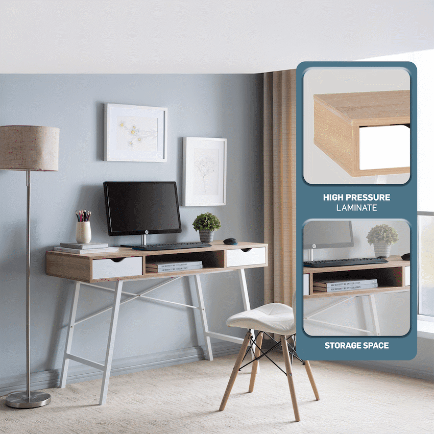 Everfurn Rain Work Desk - Study Desk with Two Drawers, Steel Frame, Adjustable Feet