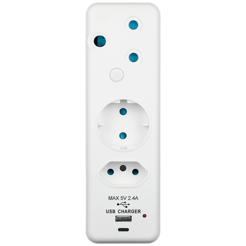 Switched 3-Way Schuko Adaptor with Type C + USB