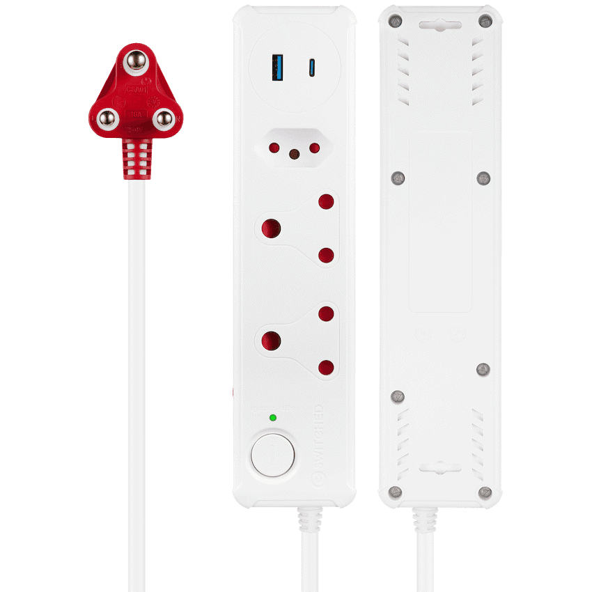 Switched 3-Way Medium Surge-Protected Multiplug with 1x Type-C + 3.4a USB Ports - 0.5m - White