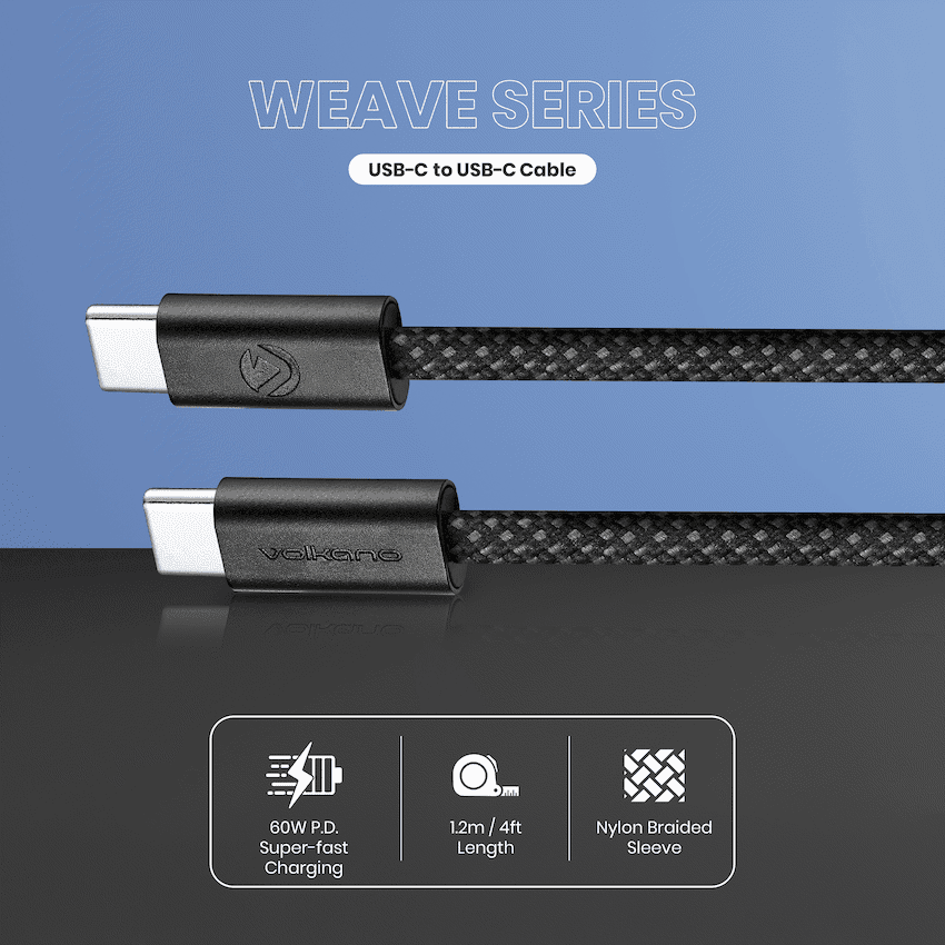 Volkano Weave Series 60w USB C to USB C 1.2m-Black