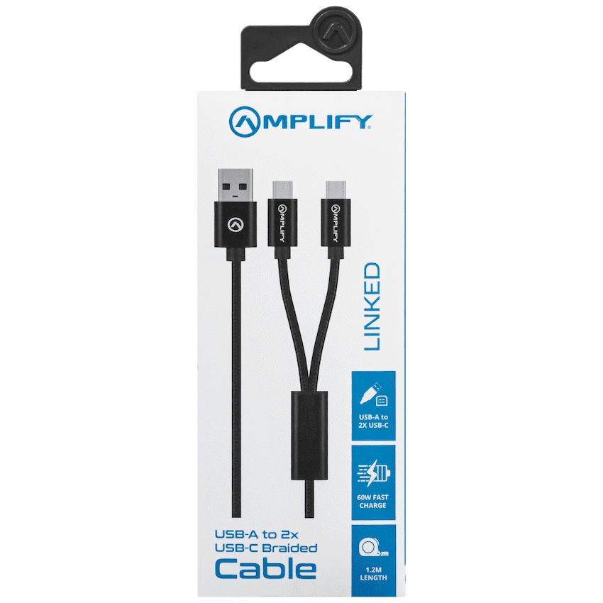 Amplify Linked Series USB to 2 x USB-C Braided Cable 60W 1.2m - Black