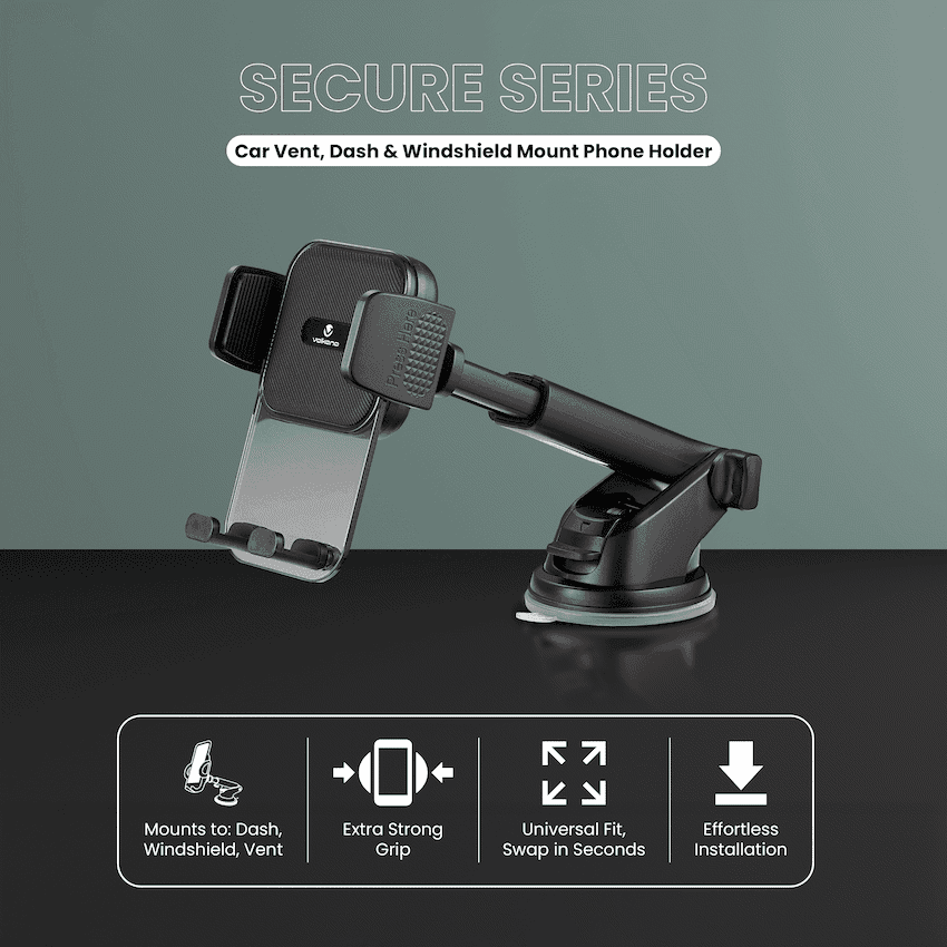 Volkano Secure Series Car Vent, Dash & Windshield Mount Phone Holder - Black