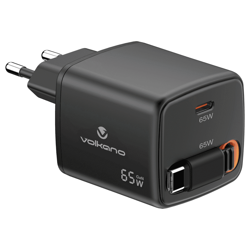 Volkano Sleek Series Fast Wall Charger 65W USB-C with Built-in Retractable 75cm Cable - Black