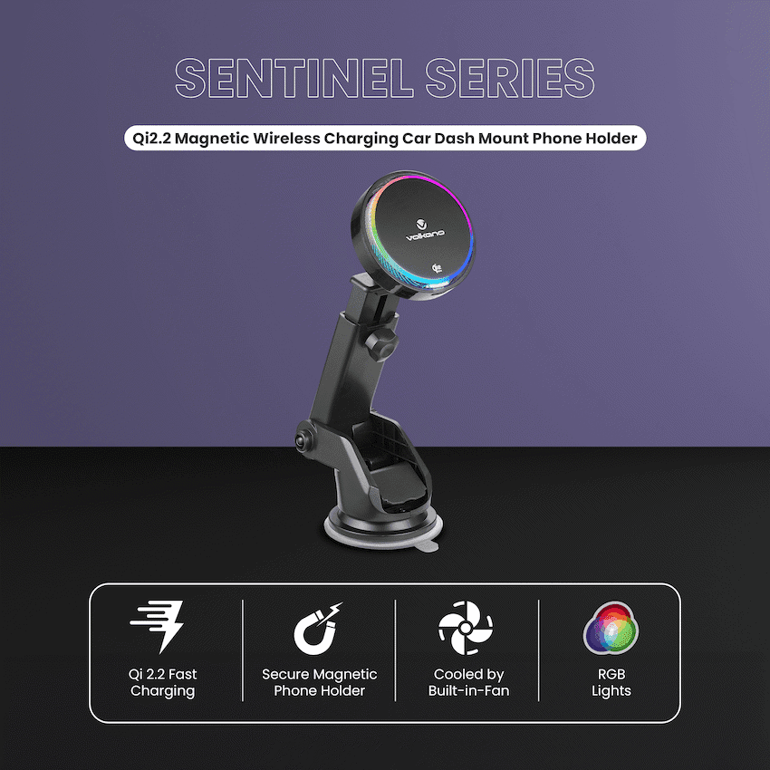 Volkano Sentinel Series Qi2.2 Magnetic Wireless Charging Car Dash Mount Phone Holder - Black