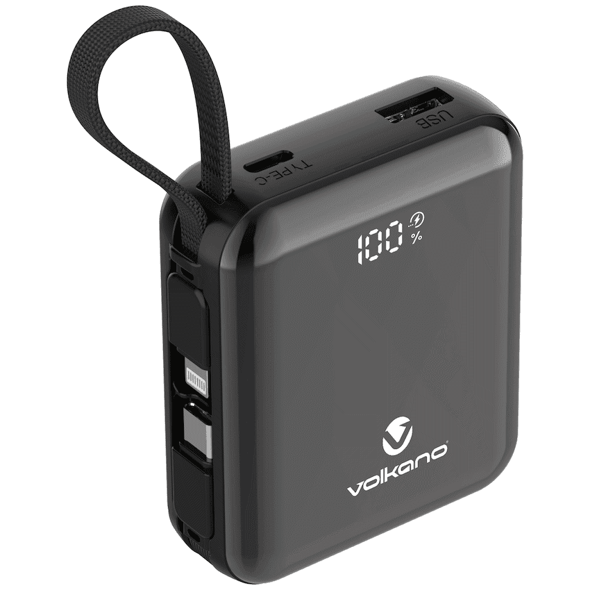 Volkano Solace Series 10 000 mAh Power Bank with Built-in USB-C & Lightning Cable - Black